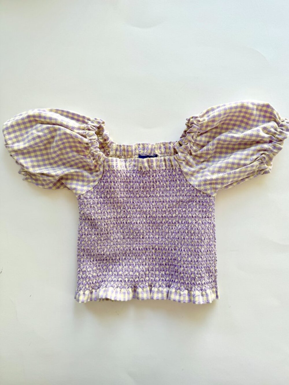 Maison Me Girls Gingham Smocked Puff Sleeve Top Sz 3Y Lavender Yellow